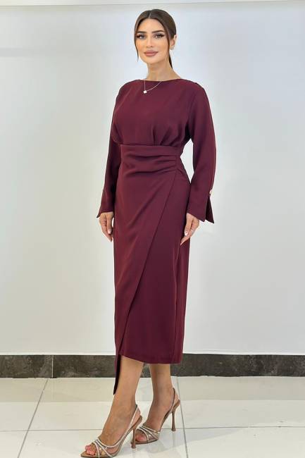 Drape detaylı asimetrik elbise - Thumbnail