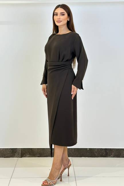 Drape detaylı asimetrik elbise - Thumbnail