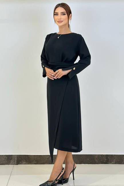 Drape detaylı asimetrik elbise - Thumbnail