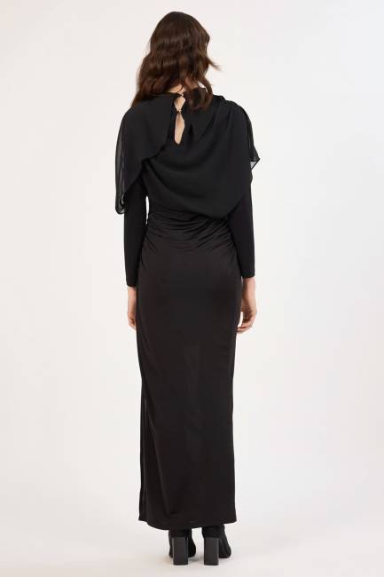 Drape detaylı broş aksesuarlı elbise - Thumbnail