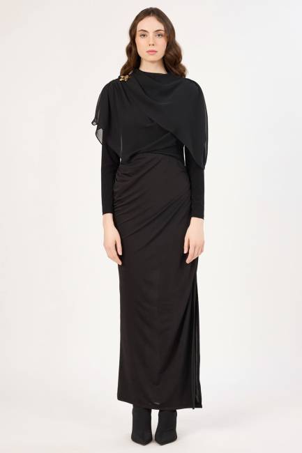 Drape detaylı broş aksesuarlı elbise - Thumbnail