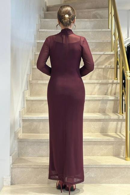 Drape yakalı likralı tül elbise - Thumbnail