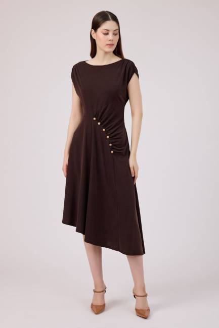Düğme detaylı tencel elbise - Thumbnail
