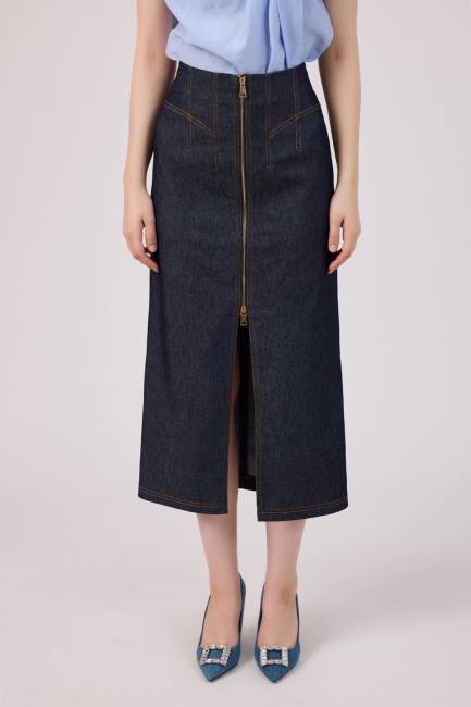 Fermuar detaylı jean etek - Thumbnail