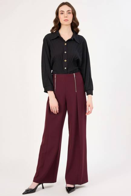 Fermuar detaylı pileli geniş paça pantolon - Thumbnail