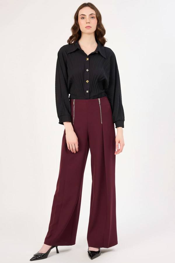 Fermuar detaylı pileli geniş paça pantolon Fermuar detaylı pileli geniş paça pantolon
