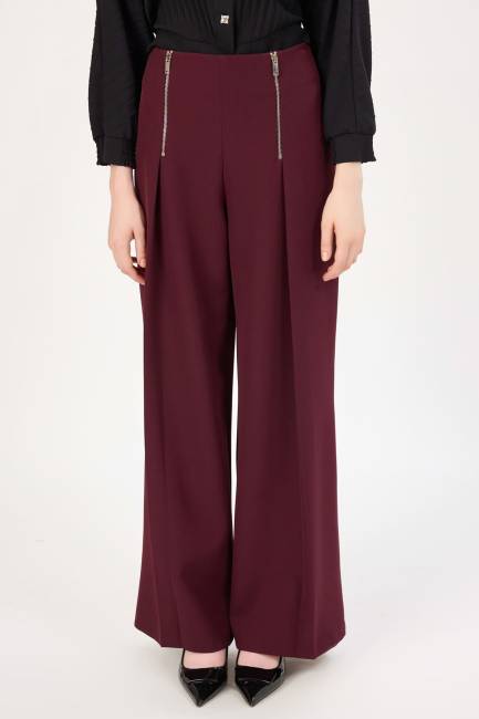 Fermuar detaylı pileli geniş paça pantolon - Thumbnail