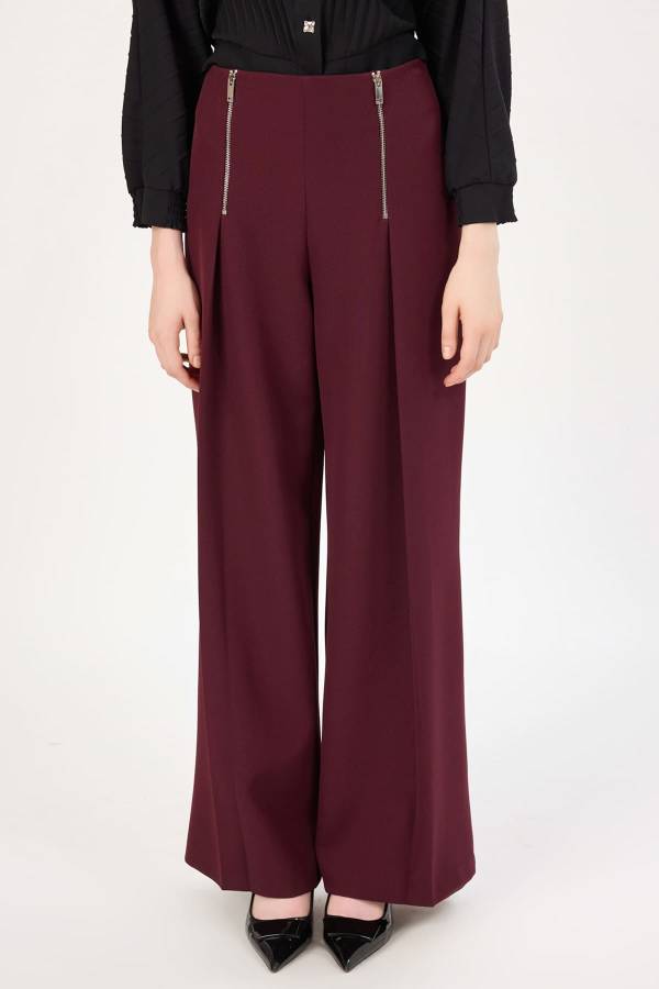 Fermuar detaylı pileli geniş paça pantolon Fermuar detaylı pileli geniş paça pantolon