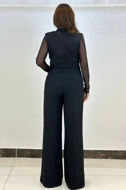 Fermuar detaylı pileli geniş paça pantolon - Thumbnail