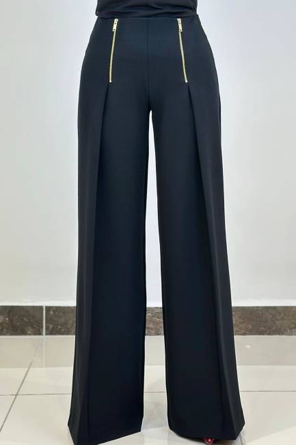 Fermuar detaylı pileli geniş paça pantolon - Thumbnail