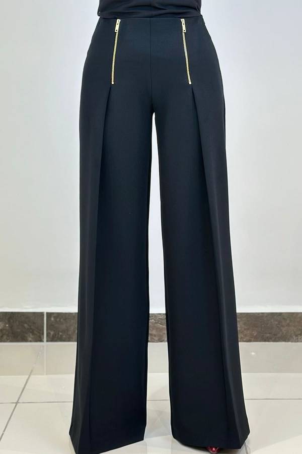 Fermuar detaylı pileli geniş paça pantolon Fermuar detaylı pileli geniş paça pantolon