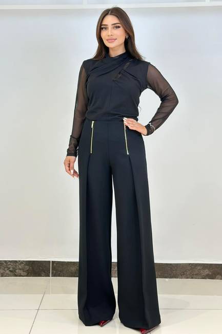 Fever - Fermuar detaylı pileli geniş paça pantolon (1) Fever - Fermuar detaylı pileli geniş paça pantolon (1)