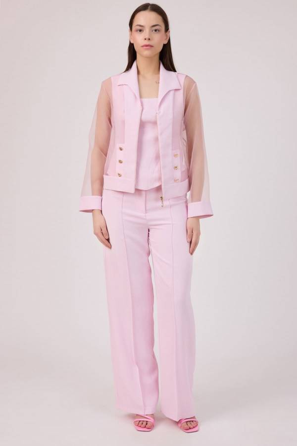 Fermuarlı organze geçişli ceket