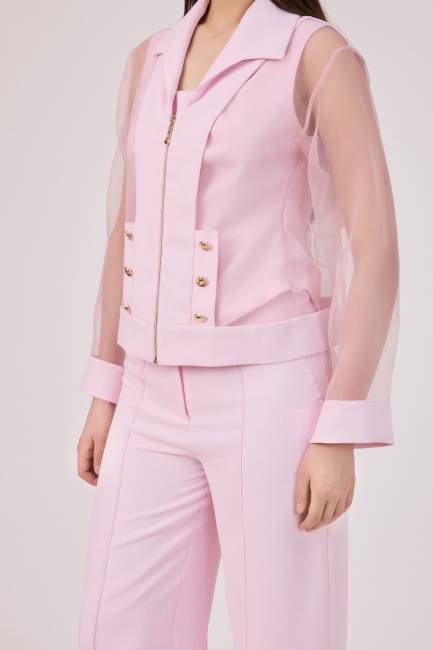 Fermuarlı organze geçişli ceket - Thumbnail