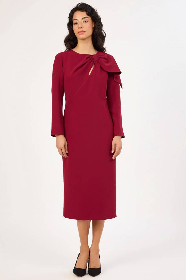 Fiyonk detaylı uzun kollu midi elbise Fiyonk detaylı uzun kollu midi elbise