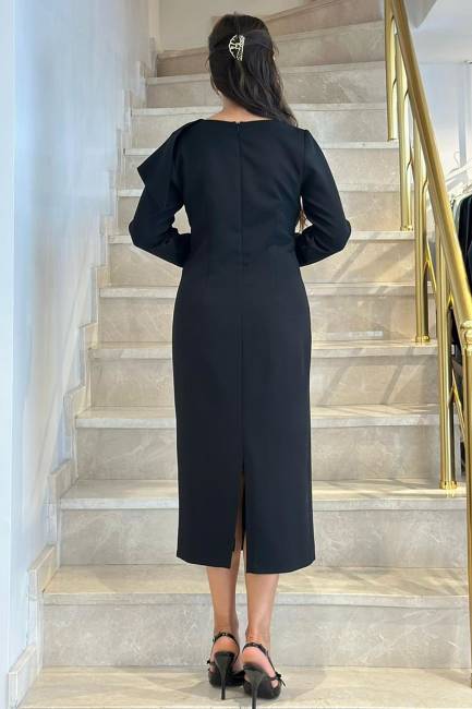 Fiyonk detaylı uzun kollu midi elbise - Thumbnail