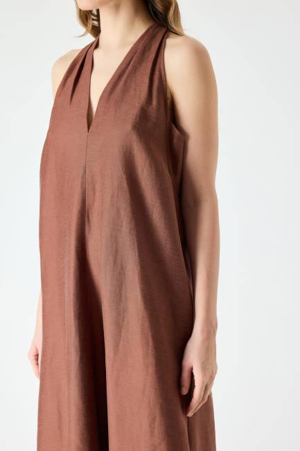 Halter yaka midi keten elbise - Thumbnail