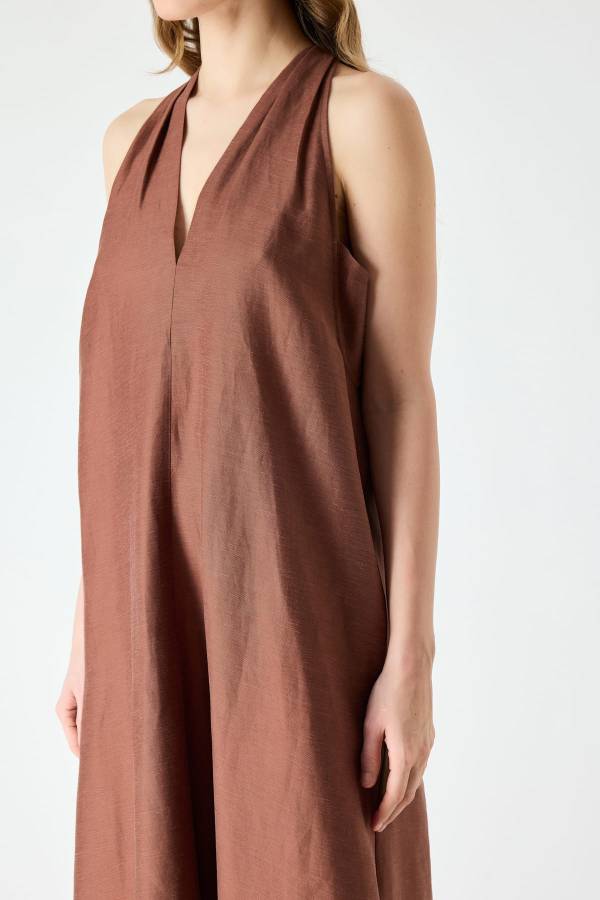 Halter yaka midi keten elbise