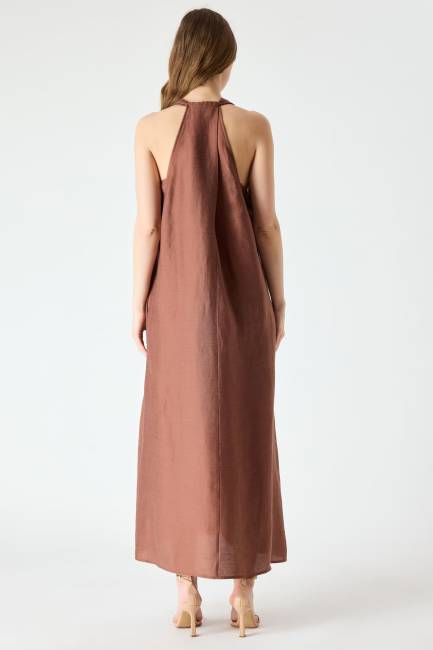 Halter yaka midi keten elbise - Thumbnail
