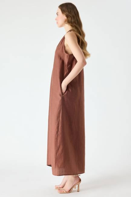 Halter yaka midi keten elbise - Thumbnail
