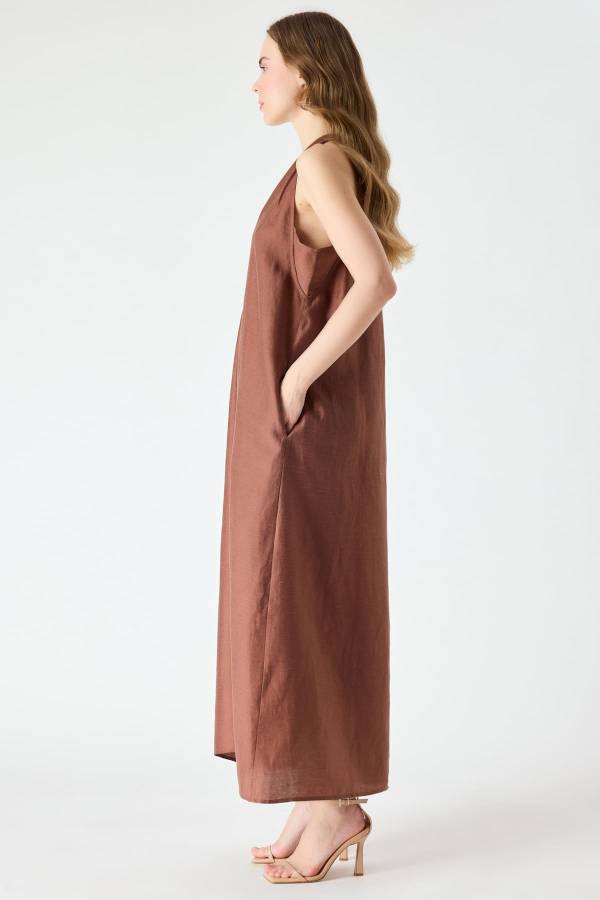 Halter yaka midi keten elbise