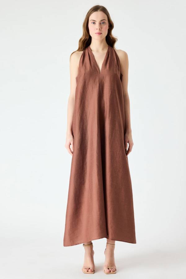 Halter yaka midi keten elbise
