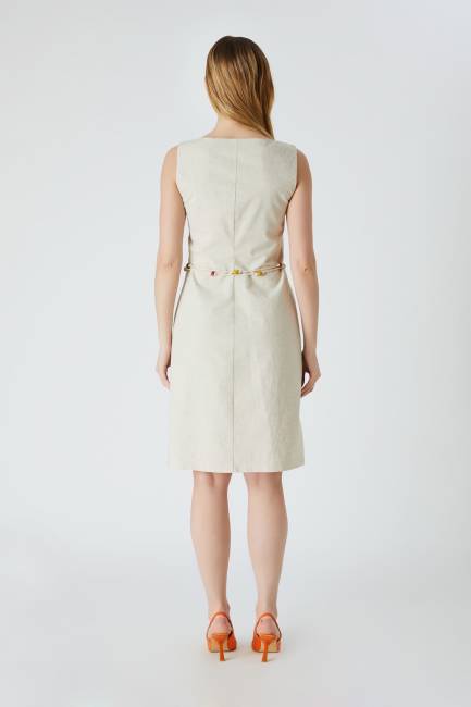 Kemerli natural keten elbise - Thumbnail