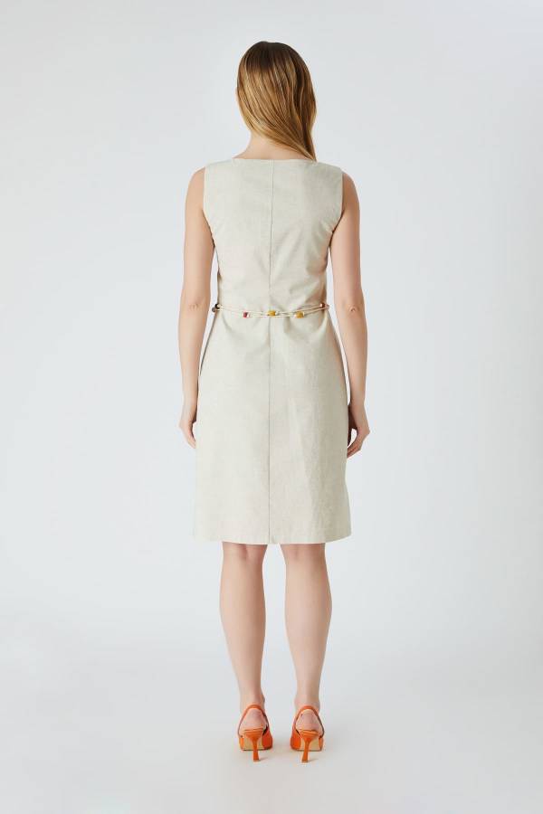 Kemerli natural keten elbise
