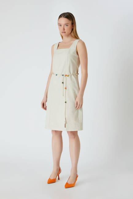 Kemerli natural keten elbise - Thumbnail