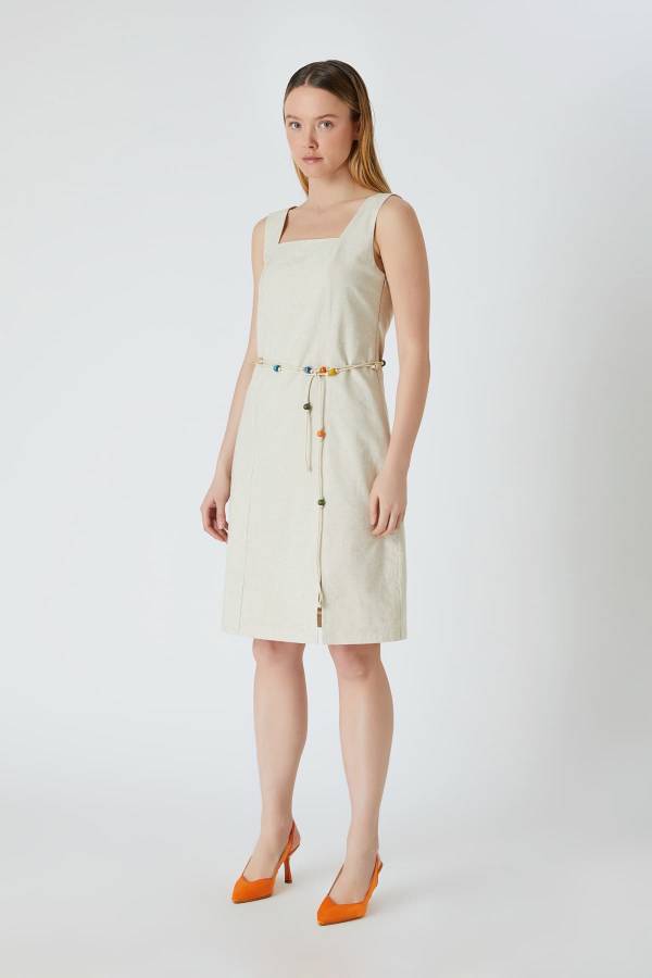Kemerli natural keten elbise