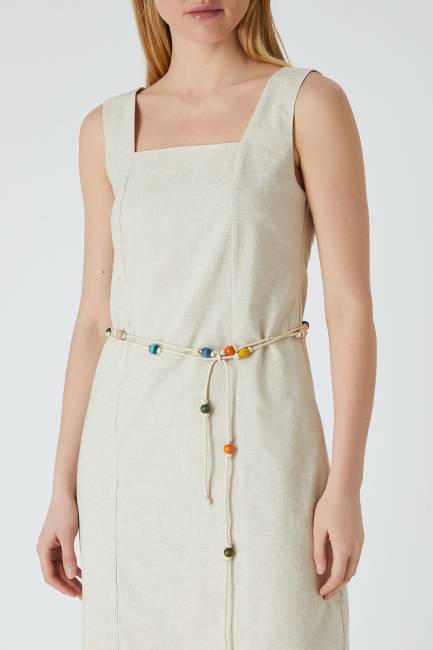 Fever - Kemerli natural keten elbise (1)