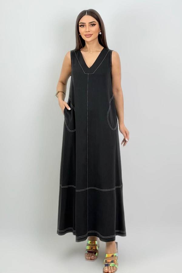 Kontrast dikişli tencel midi elbise