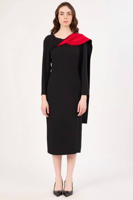 Kontrast şal detaylı elbise - Thumbnail