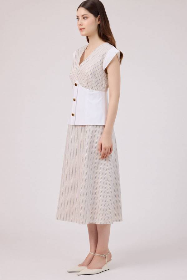 Korsaj detaylı çizgili poplin elbise