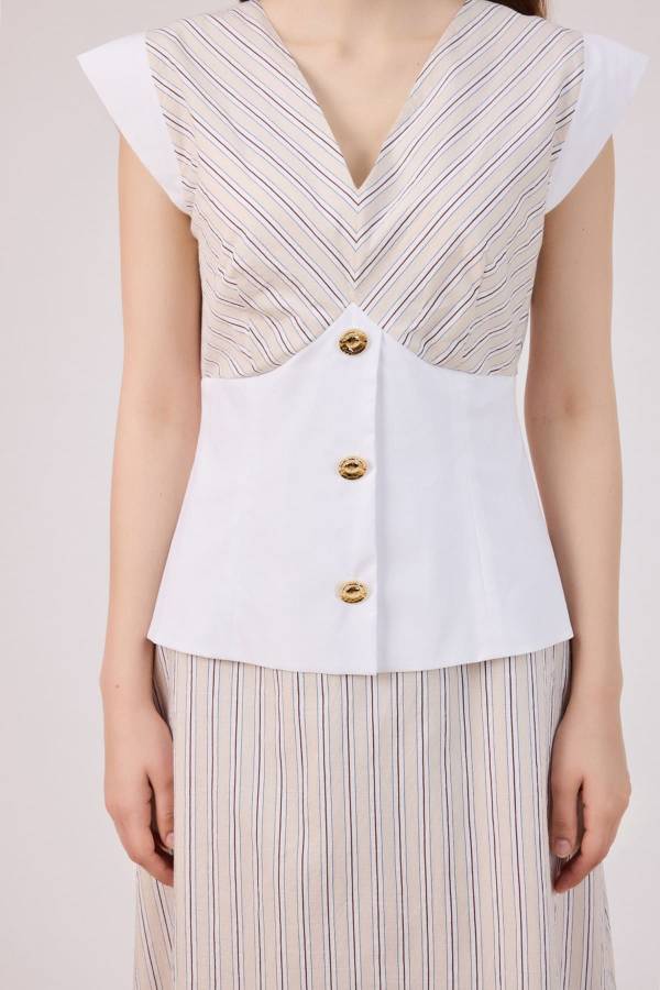 Korsaj detaylı çizgili poplin elbise