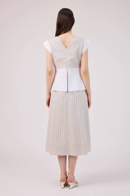 Korsaj detaylı çizgili poplin elbise - Thumbnail