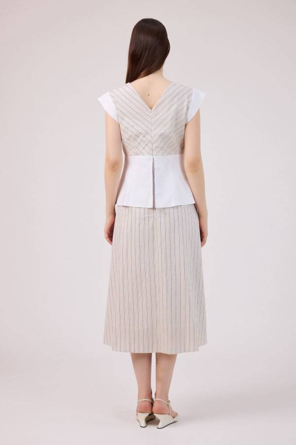 Korsaj detaylı çizgili poplin elbise