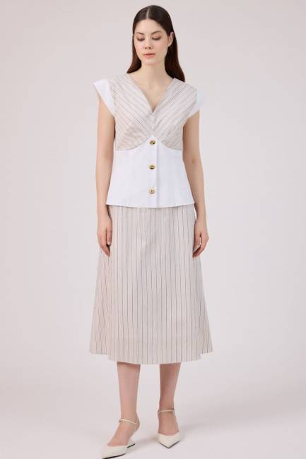 Korsaj detaylı çizgili poplin elbise - Thumbnail