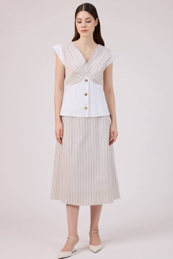 Korsaj detaylı çizgili poplin elbise