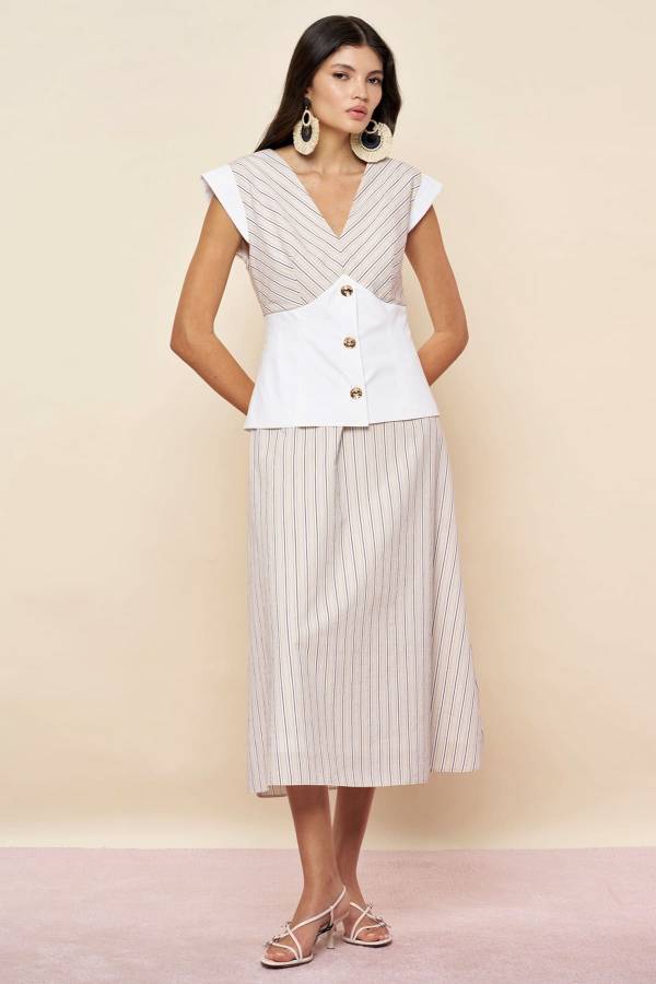 Korsaj detaylı çizgili poplin elbise