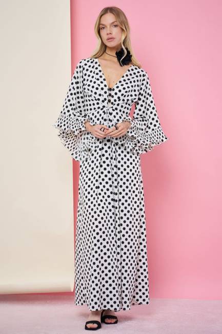 Krep puan midi elbise - Thumbnail