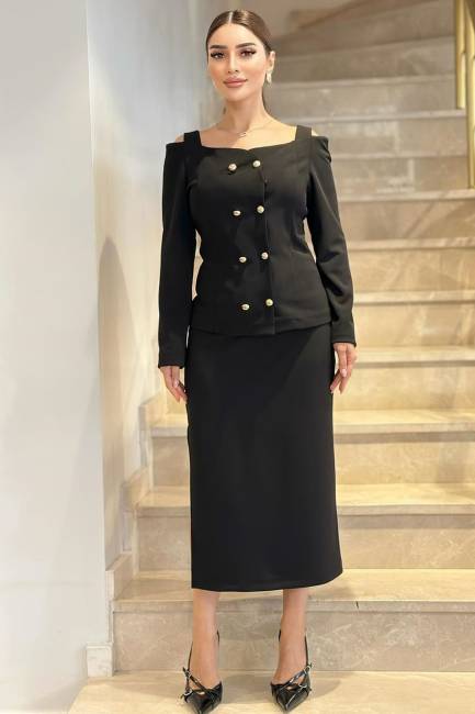 Kruvaze düğmeli likralı örme bluz - Thumbnail