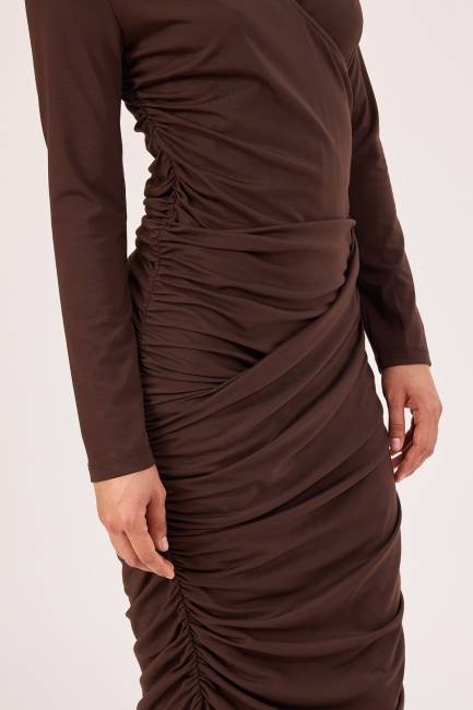 Kruvaze yakalı likralı örme elbise - Thumbnail