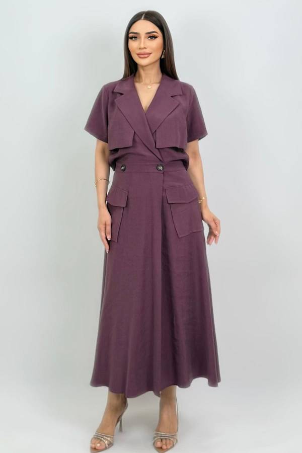 Kruvaze yakalı tencel elbise