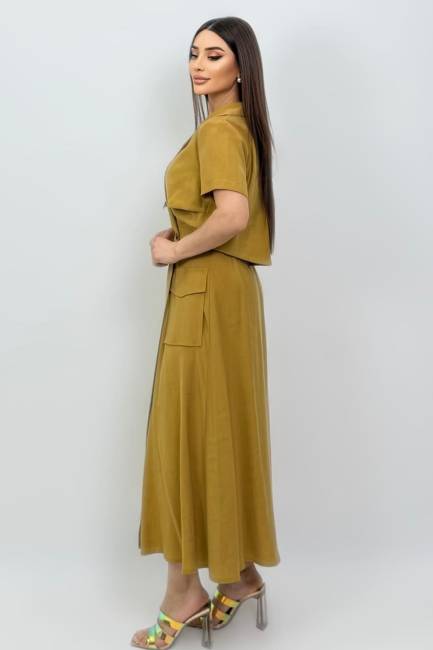 Kruvaze yakalı tencel elbise - Thumbnail