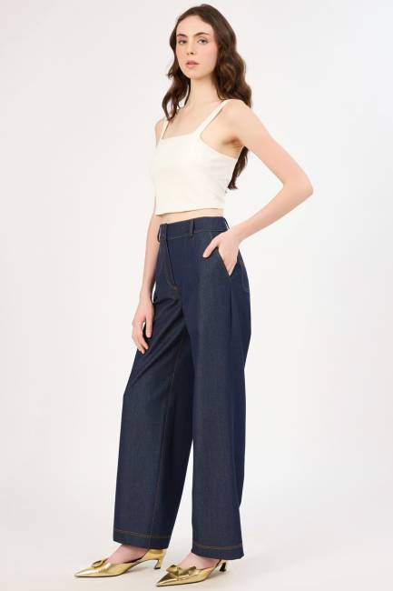 Likralı palazzo denim pantolon - Thumbnail