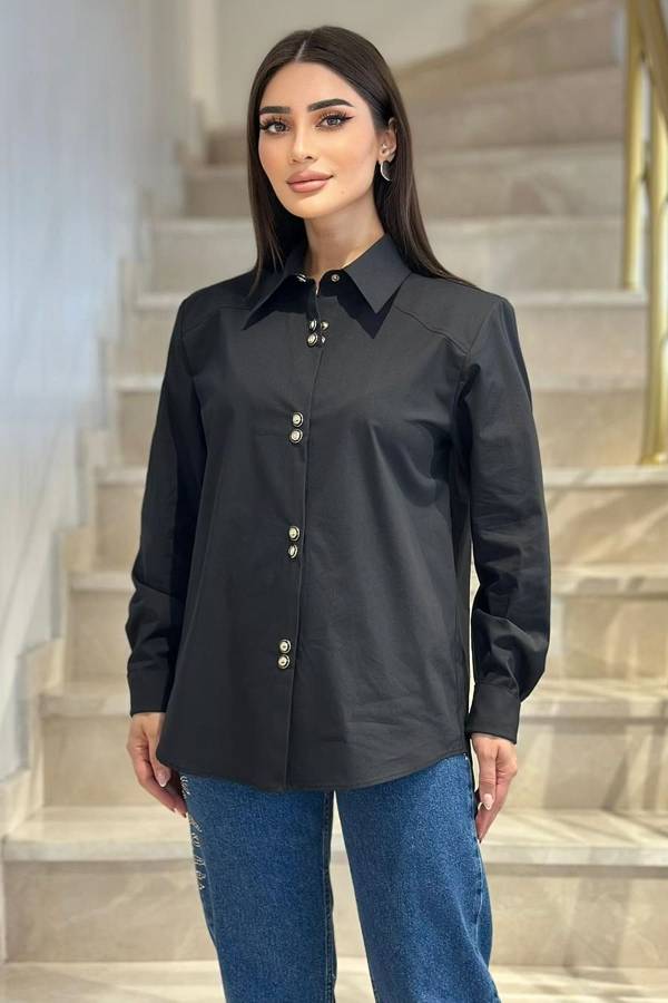 Minimal broş çıtçıtlı siyah poplin gömlek