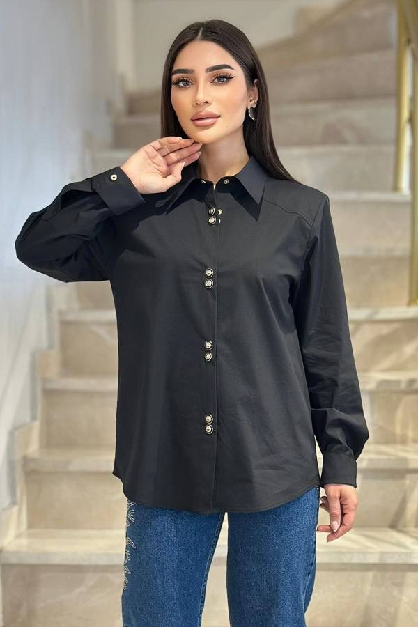 Fever - Minimal broş çıtçıtlı siyah poplin gömlek