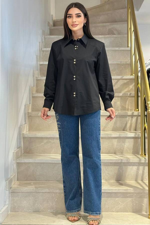 Fever - Minimal broş çıtçıtlı siyah poplin gömlek (1)