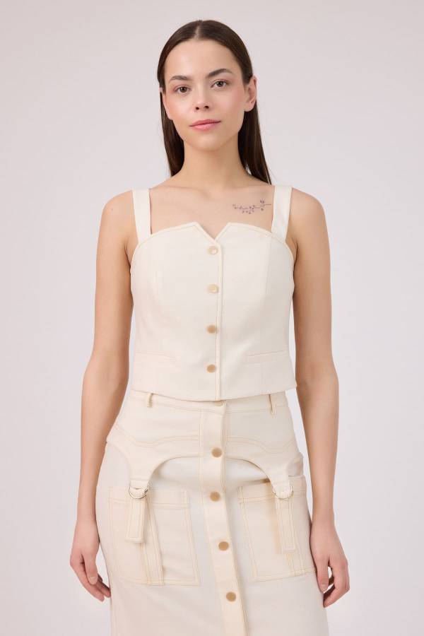 Naturel gabardin düğmeli bustiyer